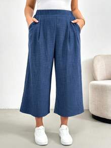 Shapeblank 大码女装春夏时尚休闲宽松舒适日常弹力腰蓝色阔腿裤七分裤，宽松裤，女式下装，女士七分裤，欧洲夏季，工作裤 - 藍色 - 查看 3