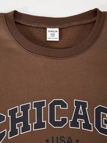 SHEIN Streecool 少女休闲学院风字母数字印花保暖卫衣 - 棕色 - 查看 3