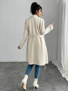 SHEIN PETITE 女士优雅纯色仿麂皮中长款常规夹克 - 杏色 - 查看 2