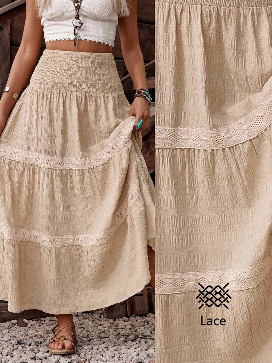 LanaWest Falda con volantes de estilo rural occidental para mujer, con patchwork de tela texturizada y detalle de pinza a la cintura - Albaricoque - Ver 1