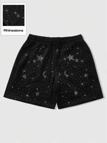 ROMWE MEN Street Life Pantalones cortos casuales para hombres con patrón de estrellas y lunas, adornados con strass, diseño elegante y callejero estadounidense, conjunto a juego para parejas