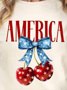 SHEIN EZwear 大码女式休闲美国国旗蝴蝶结、樱桃和字母印花宽松落肩T恤，夏季 - 杏色 - 查看 3