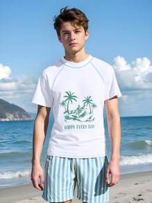 青少年男孩棕榈树印花短袖上衣和条纹泳裤两件套泳衣套装 - 彩色 - 查看 1