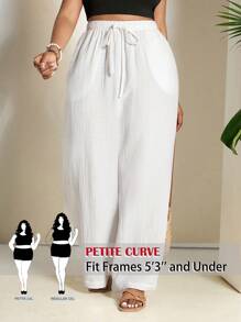 SHEIN PETITE CURVE プラスサイズ カジュアル 無地 ウエスト紐 ルーズパンツ