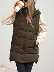 Aveloria Affinna 女式黑色连帽背心，中长款设计，时尚无袖加厚保暖聚酯纤维合成保暖冬季外套，冬季夹克，2024 年秋冬服装新品 - 棕色 - 查看 8