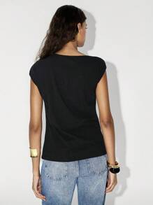 SHEIN Luminelle Áo thun cổ bẻ khóa kim loại thời trang nữ, áo đen mùa hè - màu đen - Xem 2