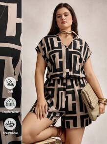 Zelara 加大码夏季舒适修身 Navycore 连体裤，带不对称几何印花，休闲装，女士休闲风礼物，女士航海休闲装，沿海航海装 Navycore 连体裤，假日装，女士 Sun Chillax 连体裤