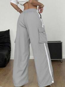 SHEIN 青少年女孩宽松实用工装裤，休闲校园风格，舒适时尚，柔软面料适合日常穿着、学校、户外、所有季节 - 淺灰色 - 查看 2