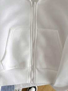 Sudadera con capucha de manga larga, de ajuste holgado, con bolsillo con cremallera, estilo minimalista y cómodo para uso diario y casual para niña preadolescente, color blanco para volver al colegio - Blanco - Ver 5