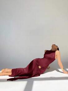 Aloruh Váy không tay màu trơn thanh lịch dành cho nữ - Màu Đỏ Sâu - Xem 3
