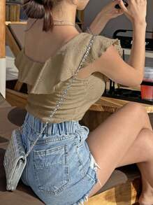 DAZY Solid Ruffle Trim Tee,Crop Tops Women