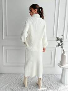 Gola Alta Ombro Caído Suéter & Saia de Malha