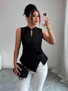 Franclia Women's Minimalist French Style Sleeveless Blouse With Metallic Accent, Waist Cinching, Pleat Detail, Black Satin Fabric, For Spring/Autumn - Black - View 3