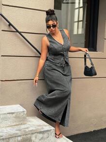 SHEIN ICON Plus Size Casual Washed Loose Long Denim A-Line Skirt - Dark Grey - View 6