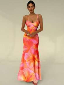 Aloruh Váy bó sát bodycon dây mảnh mùa hè in họa tiết hoa dâm bụt màu cam gợi cảm, phù hợp cho mùa hè, kỳ nghỉ, bãi biển, lễ hội âm nhạc - trái cam - Xem 6
