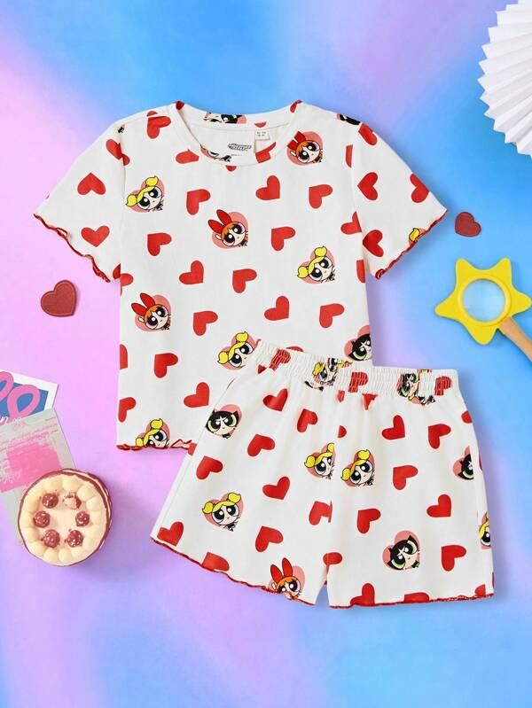 THE POWERPUFF GIRLS X SHEIN 2pcs Young Girl Cute & Sweet Heart & Blossom, Bubbles, Buttercup Pattern Contrast Trim T-Shirt And Shorts Pajama Set, Suitable For Spring/Summer/Autumn
