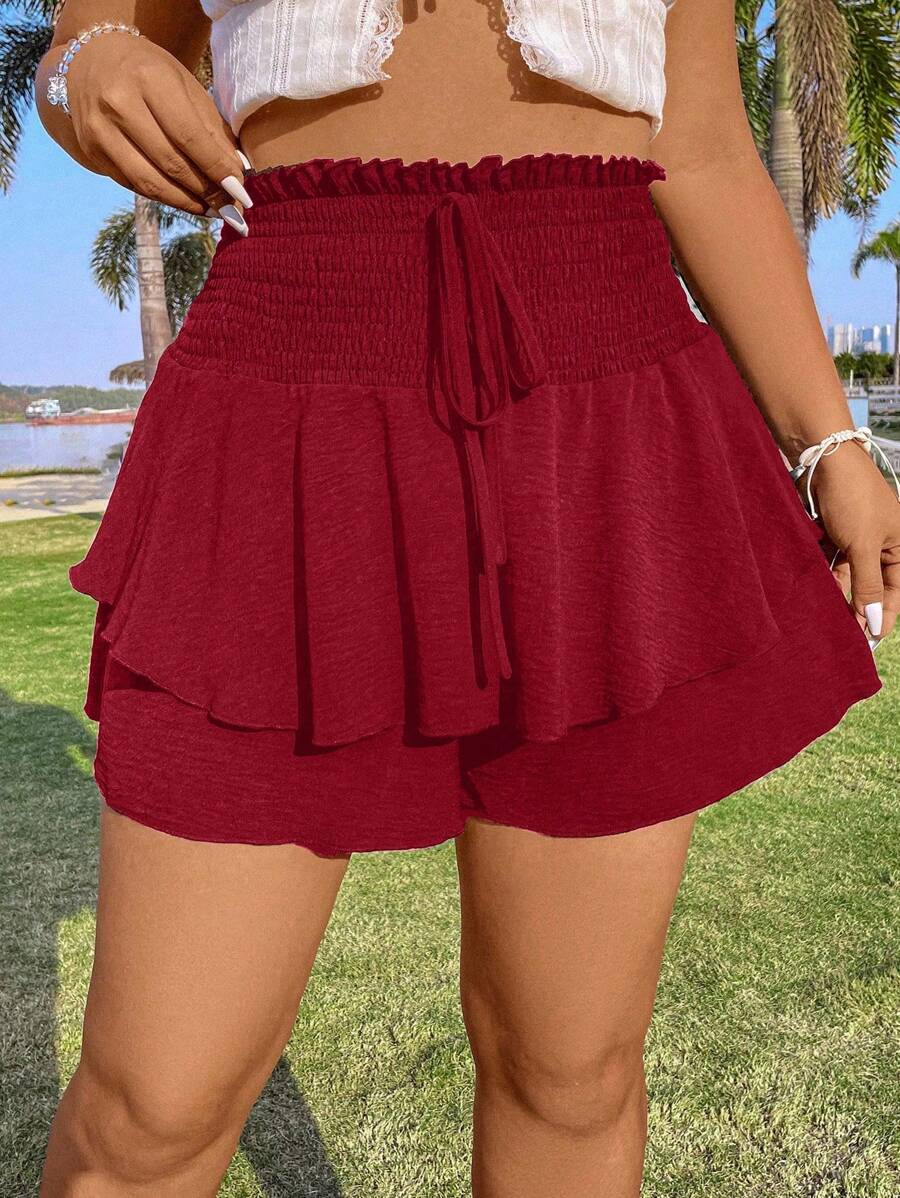 POPSWAY Plus Size Waist Drawstring Double Layer Hem Shorts - Red - View 1