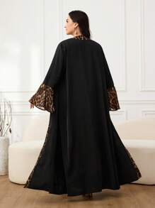 Al Najma Áo choàng tay loe chắp vá họa tiết da báo cỡ lớn cho nữ phong cách Ả Rập - màu đen - Xem 2