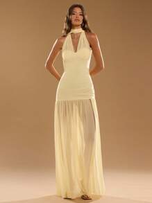 SHEIN BAE 秋季女式纯黄色露背领结胸罩杯褶皱下摆半透明长裙，奶油黄色连衣裙 - 黃色 - 查看 5