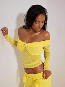 Opulessa 1 件夏季海滩生日派对女士纯色针织网眼修身露肩长袖短款上衣，秋季，秋季，Y2k 街头服饰，乡村音乐会，办公室，夜间外出，约会之夜，机场 - 黃色 - 查看 5