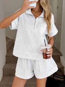 Easowa Set de 2 piezas de top con cuello polo y bolsillo talla grande pantalón corto de pierna ancha, estilo informal y suelto con cremallera, para oficina y uso diario
