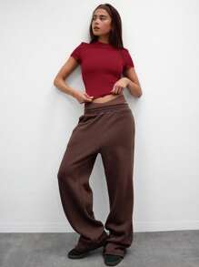 MUSERA Capped Sleeve Snatched T-Shirt Casual Vacation Everyday Airport Holiday  Back To School  Winter ,Elegant Valentines Day Spring Summer - Burgundy - View 4