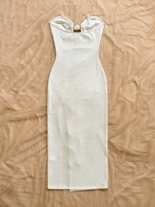 Soleia 全新优雅度假露肩贝壳扭结抽绳开衩长裙，春夏 - 白色 - 查看 2