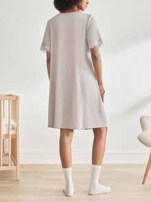 BloomMama 孕妇短袖哺乳睡衣，带蕾丝和纽扣，时尚家居服睡衣睡裙睡衣 - 卡其色 - 查看 2