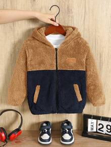 SHEIN Kids Boys'' Casual Adorable Flocked Patch Color Block Fluffy Hooded Long Sleeve Thick Zip-Up Jacket Fall Winter - Multicolor - View 3