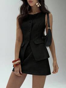 Aloruh Women's Elegant Office Commute Everyday Tweed One Shoulder Sleeveless Single-Breasted Suit Vest In Fall/Winter - Black - View 4