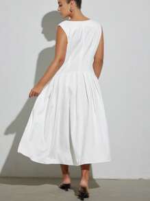 Aveloria Modichic 1pc Sleeveless Plus Size White Dress With One Shoulder Hem Pleats Patchwork Detail - White - View 2