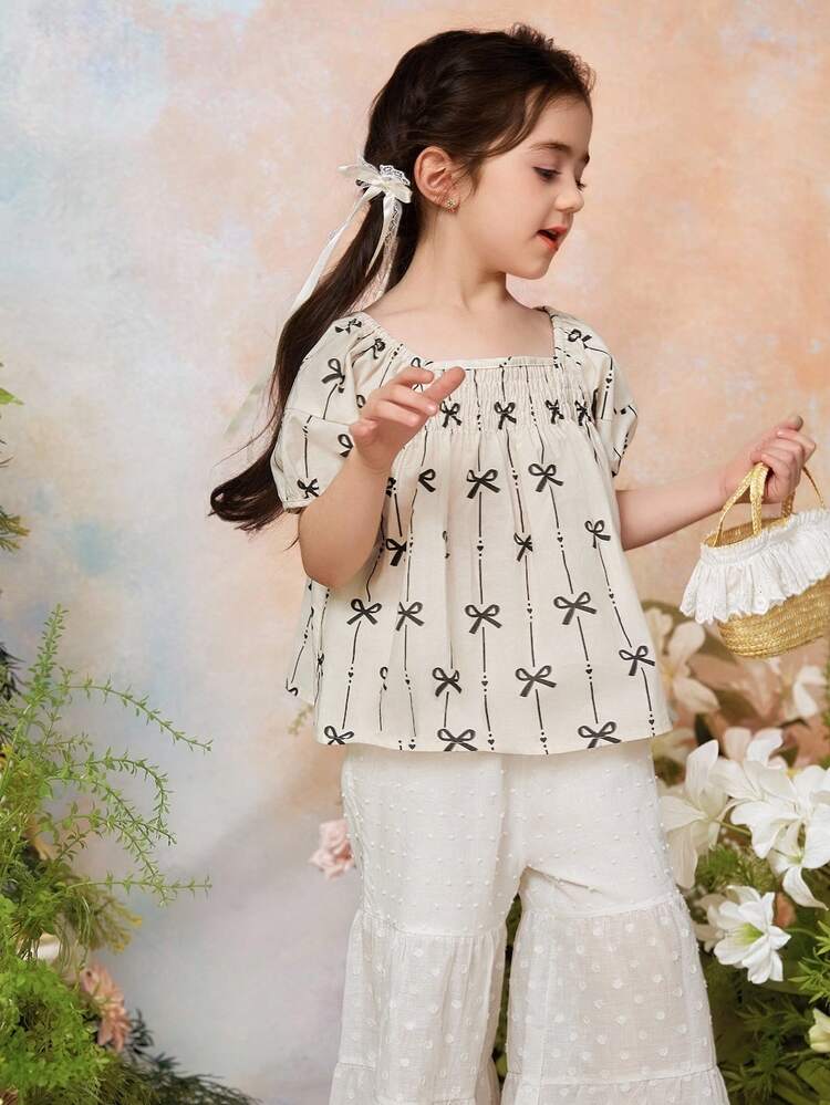 Young Girl Bow Allover Print Puff Sleeve Square Neck Casual Blouse
