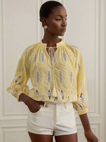 SHEIN Privé Blouse à manches longues style bohème avec col lavallière, en couleur contrastée, avec broderie ajourée, de couleur crème et jaune, pour femmes - Multicolore - Voir 5