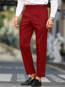 Manfinity Mode 男士纯色腰扣设计口袋休闲西装裤 - 酒紅色 - 查看 6