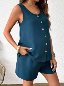 SHEIN Bộ đồ bầu 2 món áo hai dây và quần short đơn giản, thoải mái, màu trơn - Màu xanh lam - Xem 3