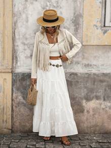 Brillora Women's Solid Color Fringe Trim Open Front Jacket In Fall/Winter