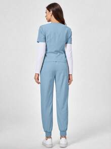 TaskEZ Oblique Shoulder Plain V-Neck Short Sleeve Top And Pants Scrub Uniform Set - Teal Blue - View 2