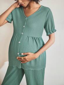 SHEIN BloomMama Conjunto de ropa de estar en casa para embarazadas compuesto por cardigan de manga abullonada de cuello en V de un solo color y pantalones