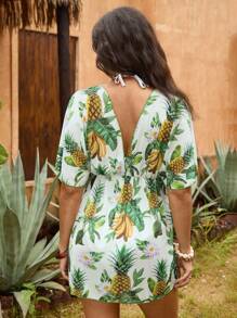 Travachic The White Lotus 大码女式夏季菠萝印花斜领荷叶袖透视罩衫连衣裙 - 彩色 - 查看 4