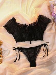 DelicateAllure Women's Pure Desire Black Sheer Mesh Off Shoulder Lingerie Set With Lettuce Trim Details  Cozy And Elegant Details - Black - View 5