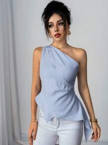 Firerie Damski elegancki, swobodny, minimalistyczny, biznesowy, swobodny, lniany top w niebieskie i białe paski z asymetrycznym dołem i falbankami, kremowo-żółty, odpowiedni na 4 lipca, na co dzień i do biura, na bal maturalny/randkę/wiosnę/lato, stylowy i wygodny, luźny top, na ukończenie szkoły, na nauczyciela, na powrót do szkoły - Niebieski i biały - Zobacz 4