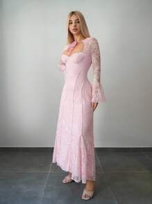 Sweetina Đầm dài hở lưng phối lưới ren chắp vá có gọng - Hồng - Xem 1