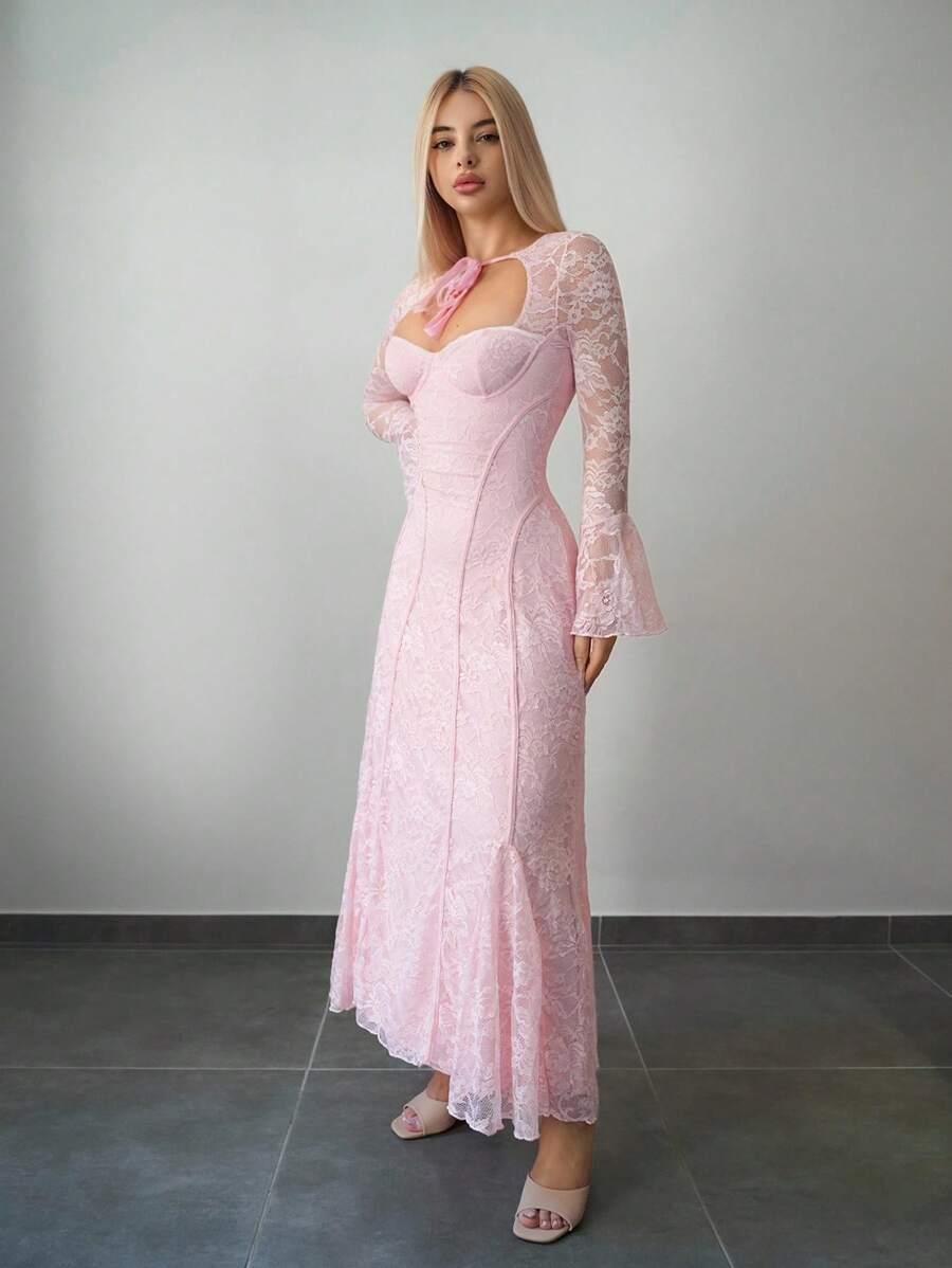 Sweetina Đầm dài hở lưng phối lưới ren chắp vá có gọng - Hồng - Xem 1