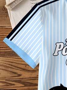 THE POWERPUFF GIRLS X SHEIN Tween Girl Casual Athleisure Contrast Striped Cartoon & Letter Graphic Short Sleeve T-Shirt, Summer - White - View 3