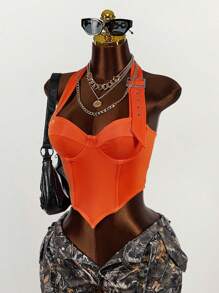 Amplova 女式无袖短款上衣，胸部带金属扣，露背设计 - 亮橙色 - 查看 3