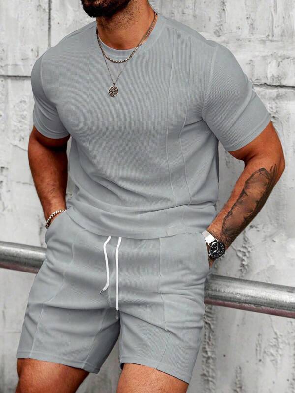 Manfinity CasualCool Costum bărbătesc de vară, simplu, culoare solidă, tricotat, casual, cu guler rotund, mânecă scurtă, potrivit pentru ținute casual zilnice, cadouri potrivite pentru soț și iubit
