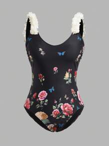 Swim Oasis 加大码女式花卉印花细肩带连体泳衣（含罩衫裙套装），适合度假 - 黑色 - 查看 3