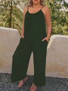 SHEIN PETITE 大码女式休闲无袖可调节细肩带阔腿波西米亚风连体裤，夏季