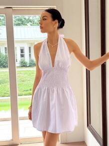 Ria Solene Sexy New Version Striped Halter Open Back Dress, Summer - Pink - View 6