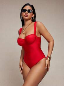Shapewave Plus Size Women Shiny Fabric Ruched Tummy Control Wrap One-Piece Swimsuit, Elegant Casual For Spring Summer Beach Party Holiday - Red - View 8